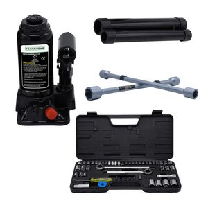 Kit Gato Hidráulico 6T + Copas Ratchet 52 Piezas + Cruceta Galvanizada